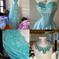 Light blue strapless, fitted waist, tiered skirt, long ball gown R6894