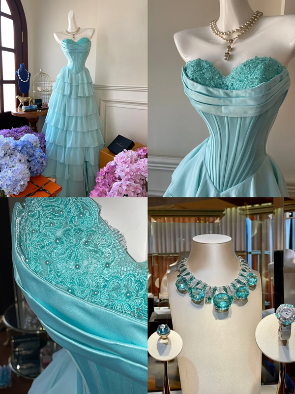 Light blue strapless, fitted waist, tiered skirt, long ball gown R6894