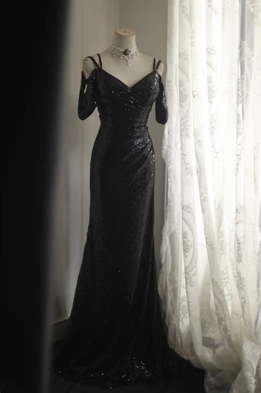 Black sequined off-the-shoulder halter-neck fitted long ball gown R6814