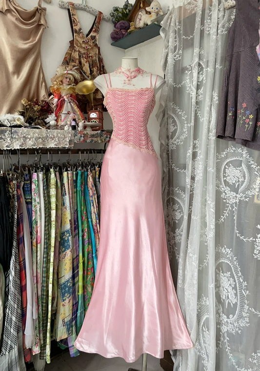Pink halter-neck, fitted satin long dress, ball gown R6335