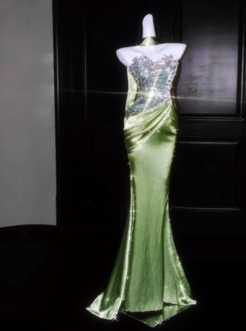 Green Strapless Rhinestone-Embellished Fitted-Waist Slim-Fit Mermaid-Skirt Long Prom Dress R6495