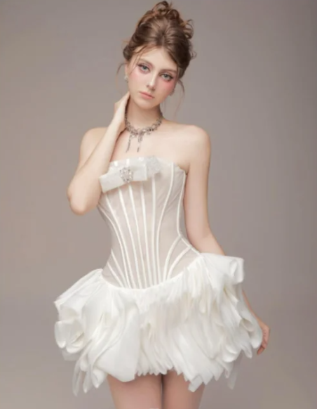 White tube top fishbone slim three-dimensional design skirt short skirt homecoming dress R4801