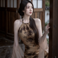 Brown halter-neck, backless, sexy, fitted, bodycon long ball gown R7534