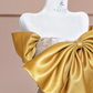 Gold bow neckline, silver sequined, fitted waist, bodycon long ball gown R8376