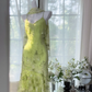 Light green floral print halter-neck fitted long ball gown R7649