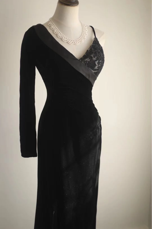 Black asymmetrical neckline, fitted waist, long ball gown R6774