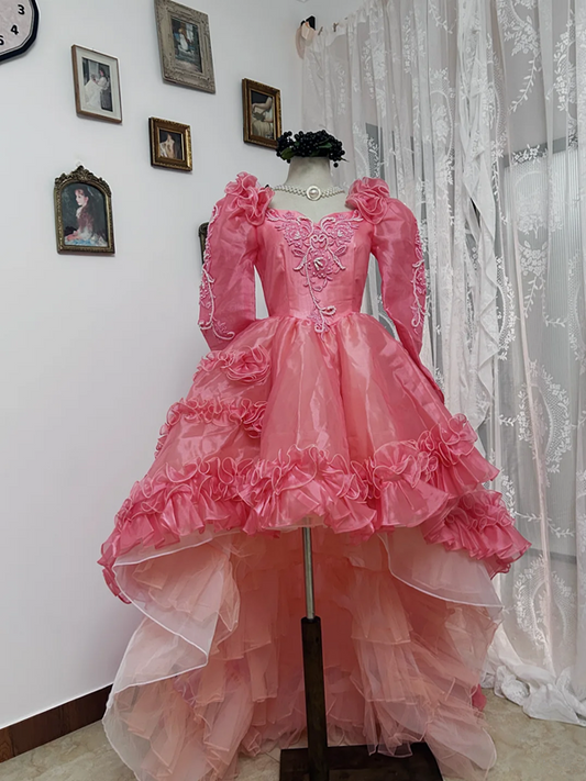 Pink square-neck fitted waist ball gown with a full skirt, bridal dress R7247