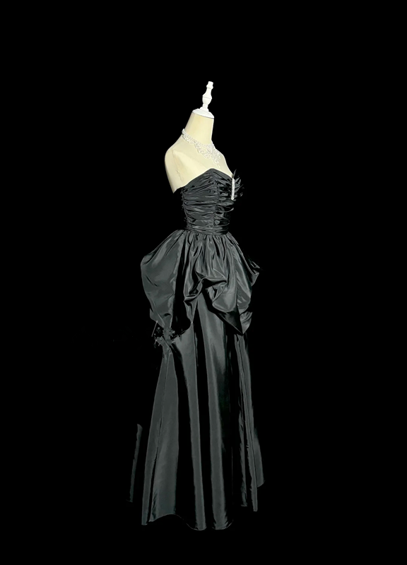 Black strapless, fitted, pleated long ball gown R6655