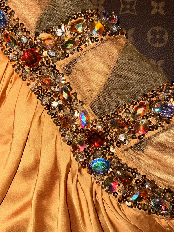 Gold satin one-shoulder fitted waist elegant long ball gown R6854