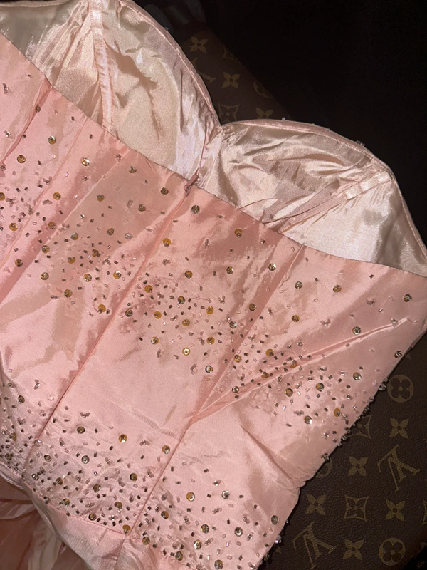 Pink strapless fitted waist princess long ball gown R7014