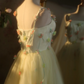 Light yellow halter-neck fitted floral fairy long dress, ball gown, bridal gown R7267