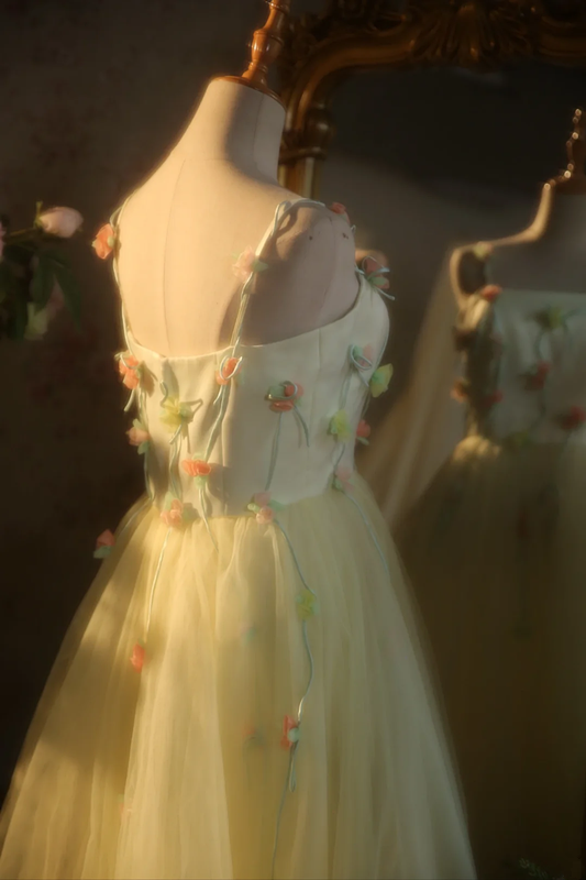 Light yellow halter-neck fitted floral fairy long dress, ball gown, bridal gown R7267