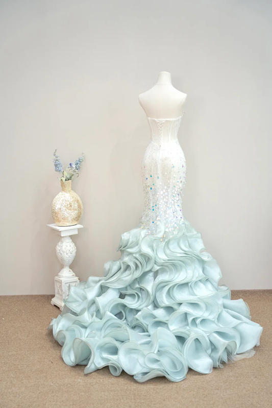 White strapless fitted bodice with light blue long skirt - ball gown R8891