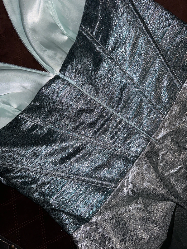 Silver strapless fitted long ball gown R7054