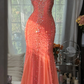 Orange-red halter-neck rhinestone-embellished fitted bodycon long ball gown R7610