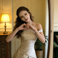 Champagne-colored off-the-shoulder fitted long ball gown/bridal dress R8831