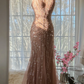 Champagne pink halter-neck fitted bodycon sexy long ball gown R7690