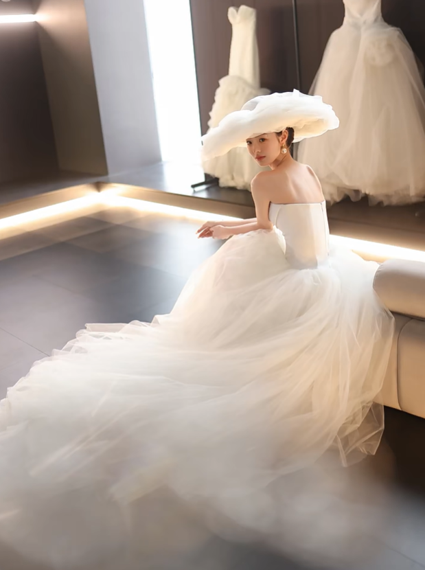 White tube top slim waist tulle skirt long dress bridal dress R6056