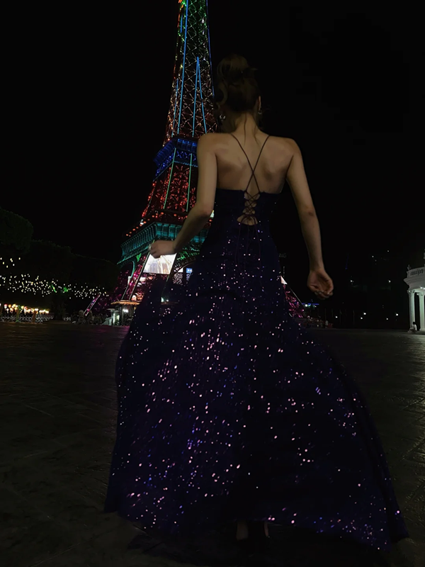 Purple sequined halter-neck fitted long ball gown R8861