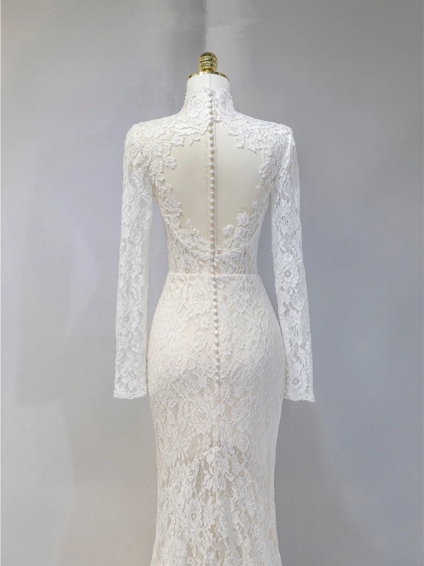 White lace round neck fitted waist sexy long ball gown/bridal dress R9041