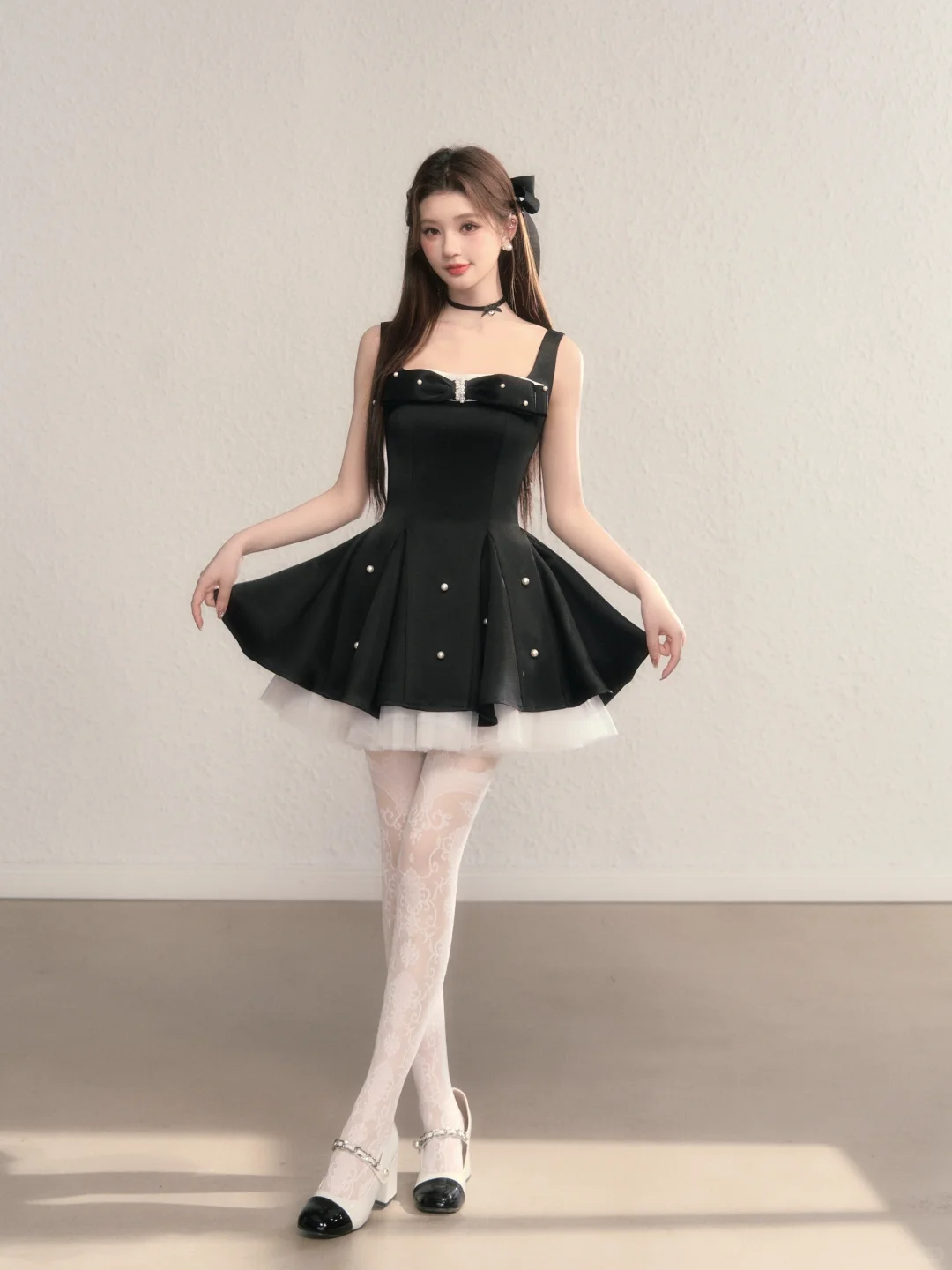 Black suspender waist slim A-line short skirt homecoming dress R5405