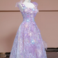 Light purple floral print halter top, fitted A-line skirt, long ball gown/bridal dress R8342