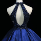 Blue halter neck waist hollow design princess skirt homecoming dress R4922