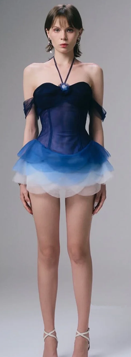 Blue halter neck tube top waist slim fit sexy gradient skirt short skirt homecoming dress R4555