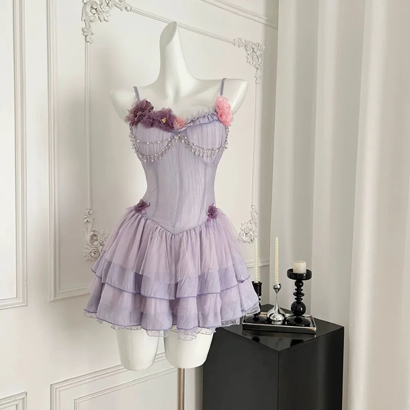 Purple suspender waist slim A-line short skirt homecoming dress R5375