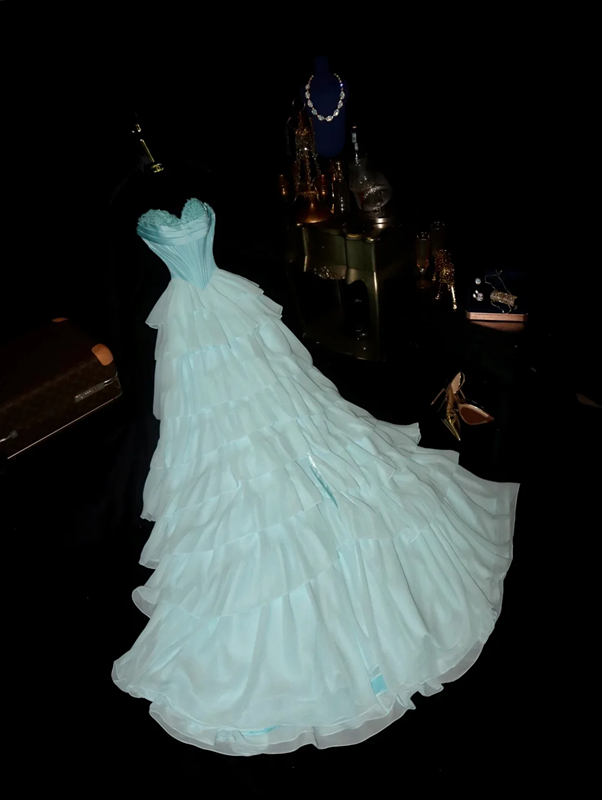 Light blue strapless, fitted waist, tiered skirt, long ball gown R6894