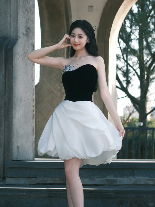 Black top asymmetrical tube top design white bud skirt short skirt homecoming dress R4192