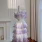 Purple gradient ruffle waist slim cake long skirt homecoming dress R5044