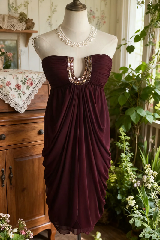 Deep red strapless pleated short ball gown R6735