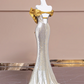 Gold bow neckline, silver sequined, fitted waist, bodycon long ball gown R8376