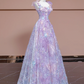 Light purple floral print halter top, fitted A-line skirt, long ball gown/bridal dress R8342