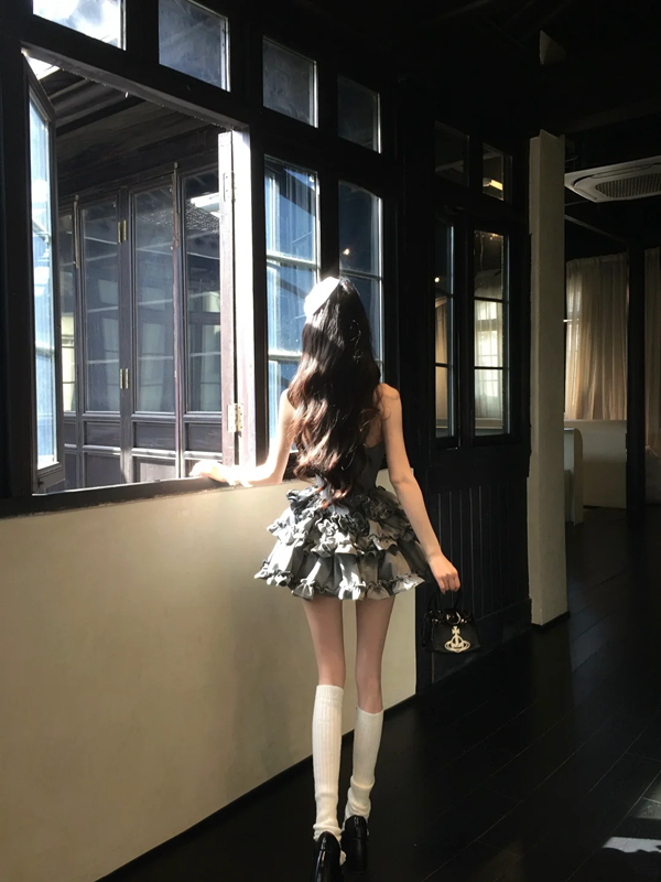 Gray tube top waist cake lace short skirt homecoming dress R5083