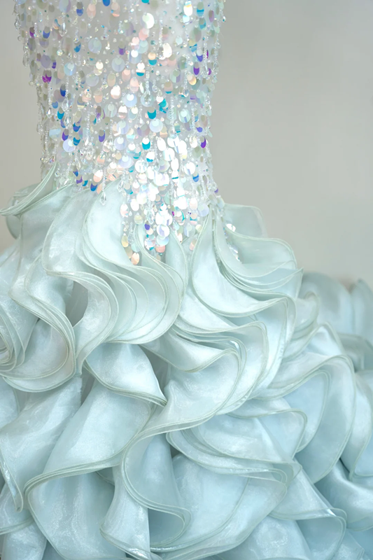 White strapless fitted bodice with light blue long skirt - ball gown R8891