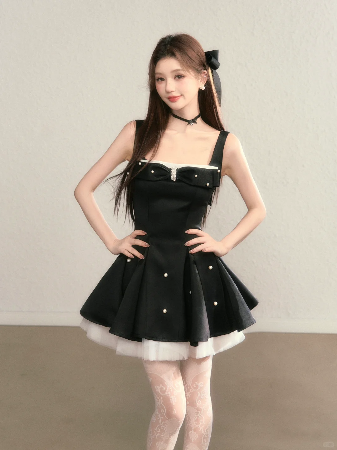 Black suspender waist slim A-line short skirt homecoming dress R5405