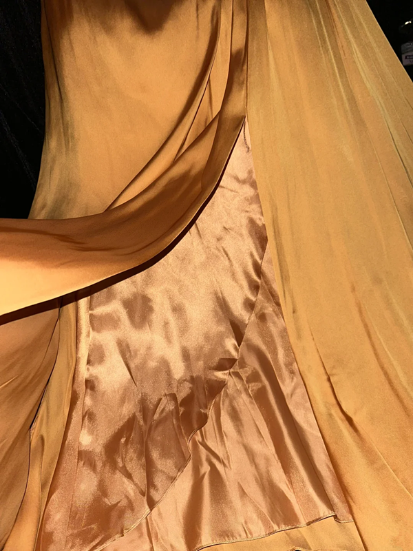 Gold satin one-shoulder fitted waist elegant long ball gown R6854