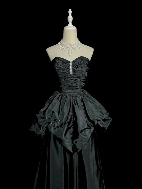 Black strapless, fitted, pleated long ball gown R6655