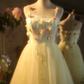 Light yellow halter-neck fitted floral fairy long dress, ball gown, bridal gown R7267