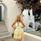 Apricot halterneck printed slim waist A-line short skirt homecoming dress R5464