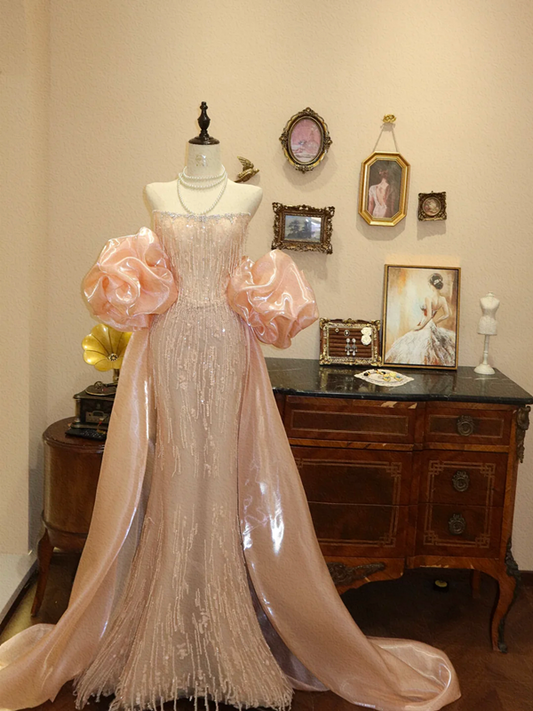 Light pink strapless fitted waist bodycon long wedding dress R6575