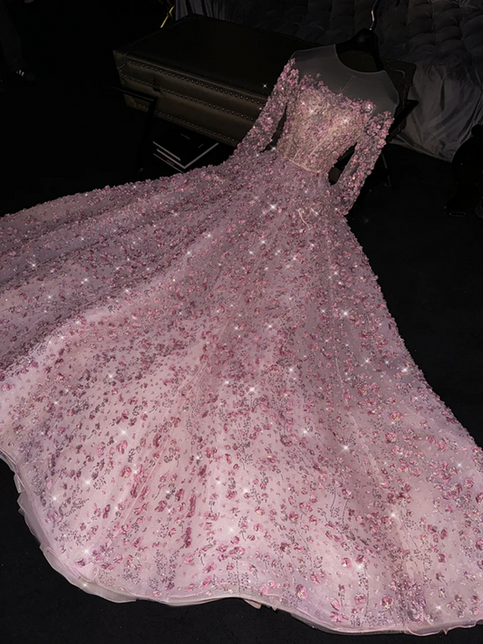 Light pink round neck long sleeve fitted waist long ball gown/bridal dress R8771