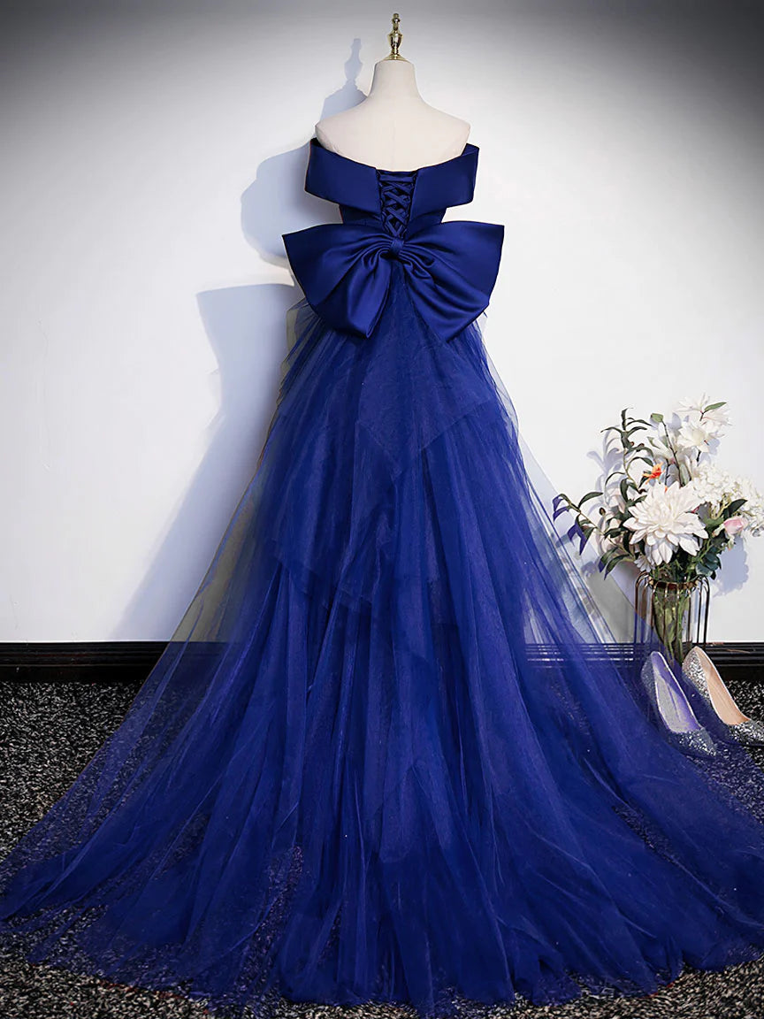 Royal Blue Mermaid Satin Long Prom Dress, Off Shoulder Blue Evening Dress     S4967