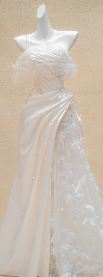 White elegant one-shoulder slim waist sexy long dress bridal gown R5742