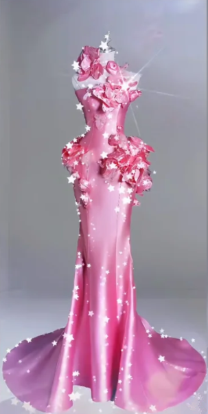 Pink 3D floral strapless waist-cinching hip-hugging sexy long ball gown R6455