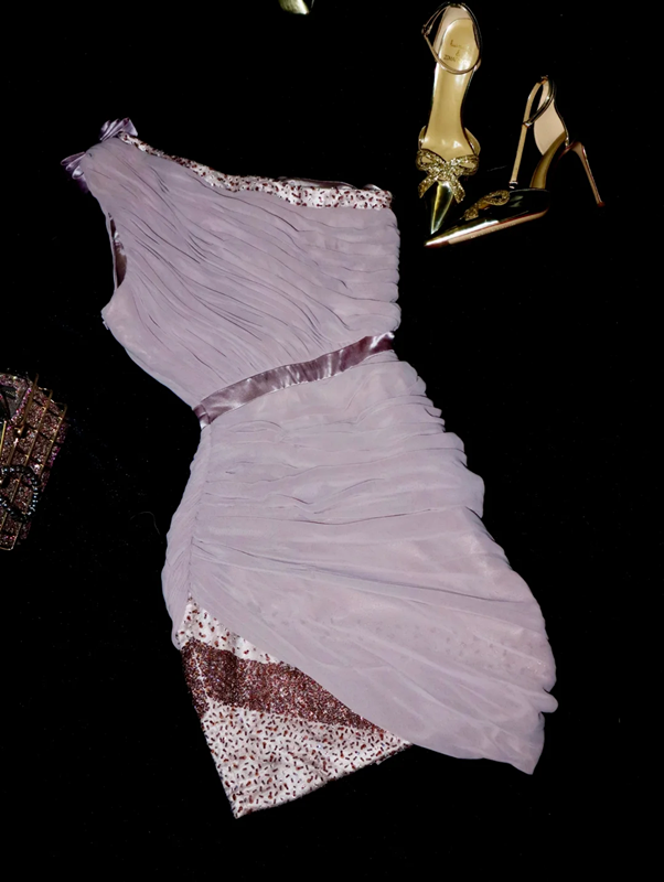 Light purple one-shoulder fitted waist bodycon short prom dress R6974