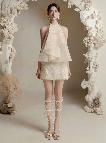 Off-white halter neck A-line top with A-line three-dimensional flower skirt homecoming dress R4842