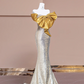 Gold bow neckline, silver sequined, fitted waist, bodycon long ball gown R8376